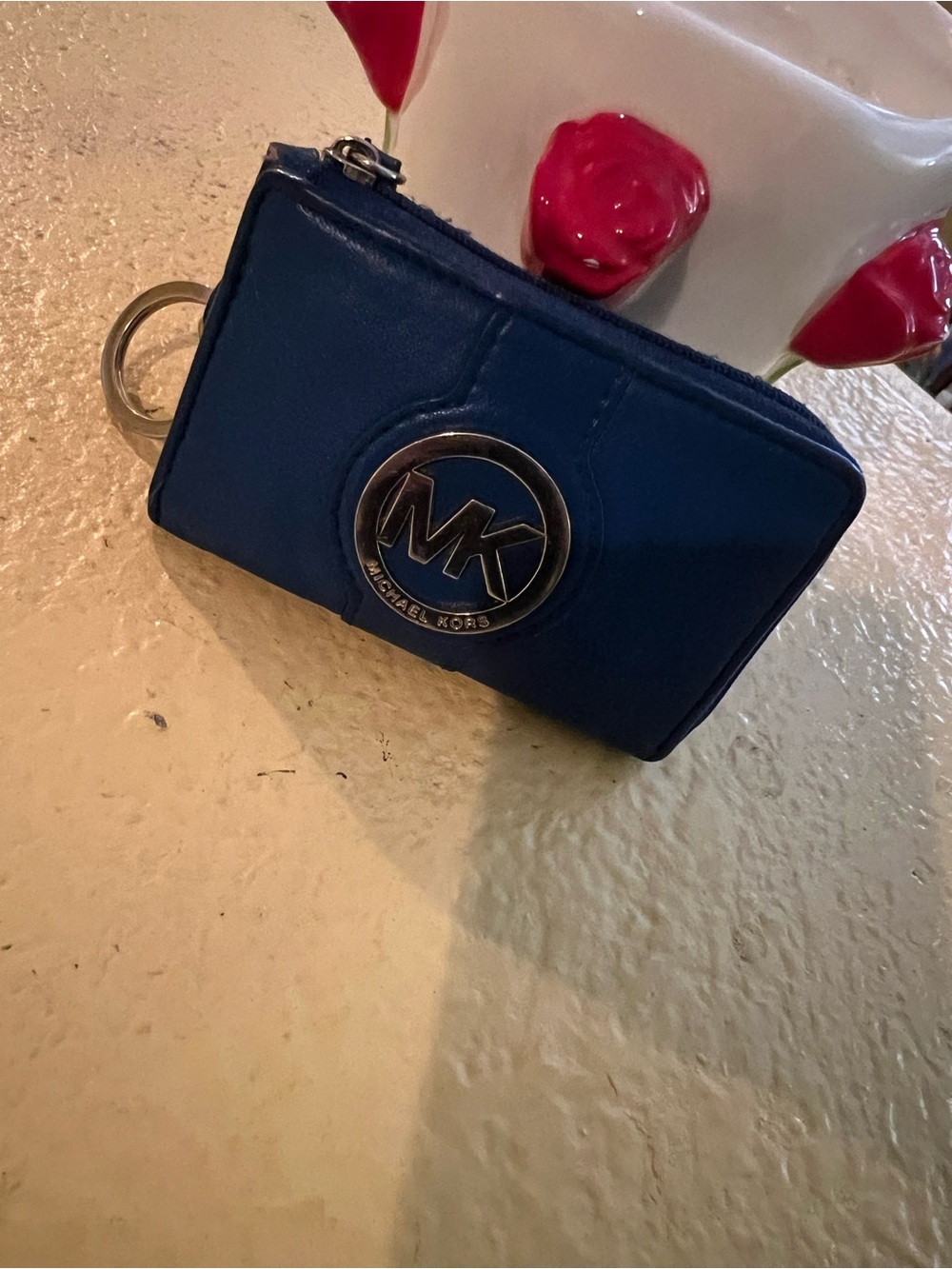 Michael Kors Cobalt Blue Leather MK Logo Coin Pouch Keyring - Picture 3 of 10